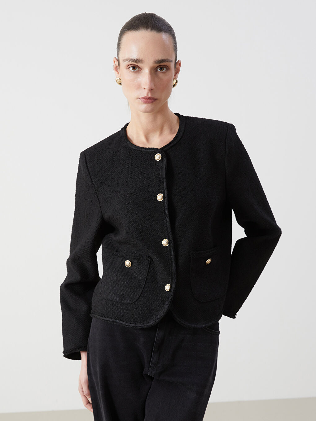 Crew Neck Women'S Tweed Jacket -S5HU41Z8-CVL