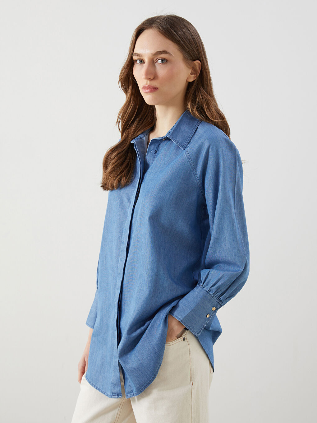 LCW Modest Indigo Gömlek Yaka Kadın Jean Tunik