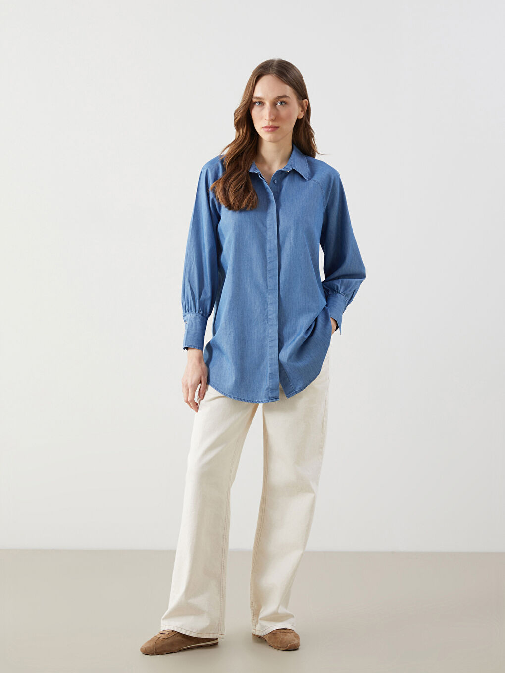 LCW Modest Indigo Gömlek Yaka Kadın Jean Tunik - 1