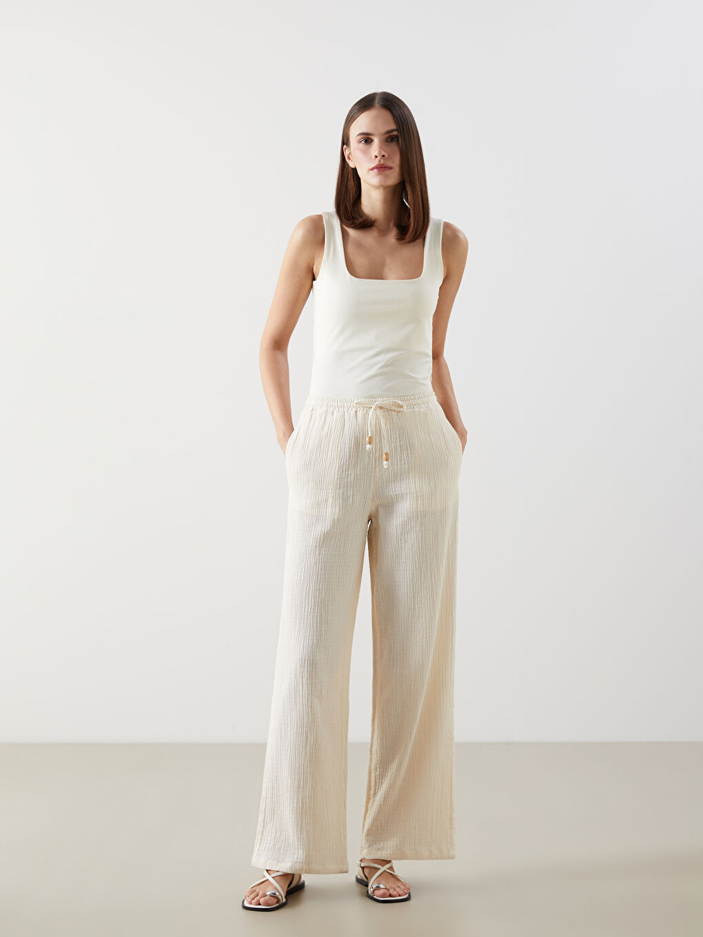 Elastic Waist Textured Women's Trousers -S5HV43Z8-YVP