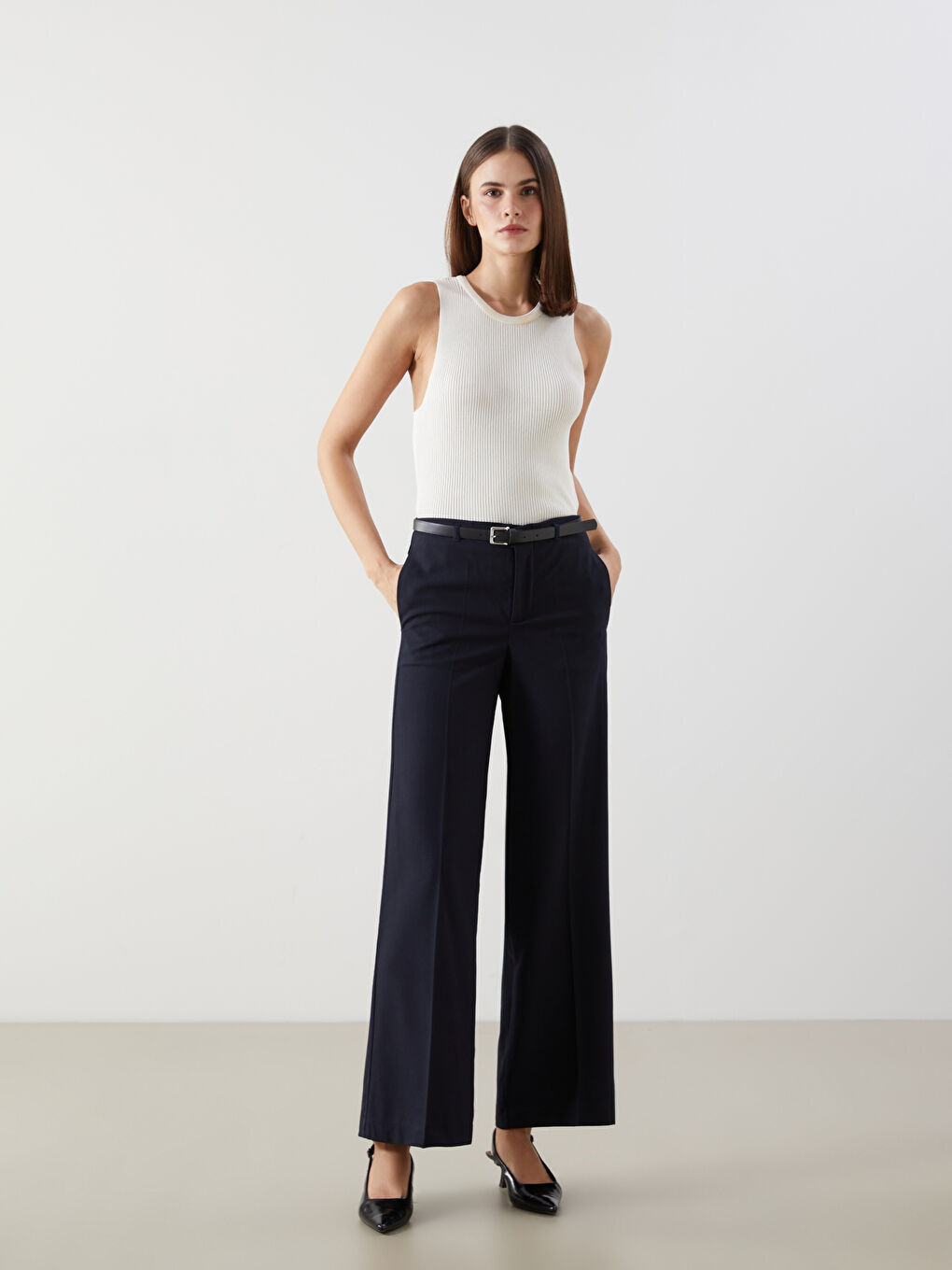 Lacivert Beli Kemerli Dar Fit Kadın Pantolon