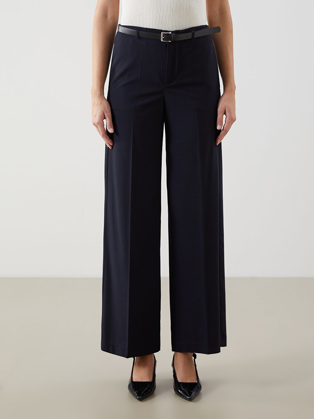 Lacivert Beli Kemerli Dar Fit Kadın Pantolon-1