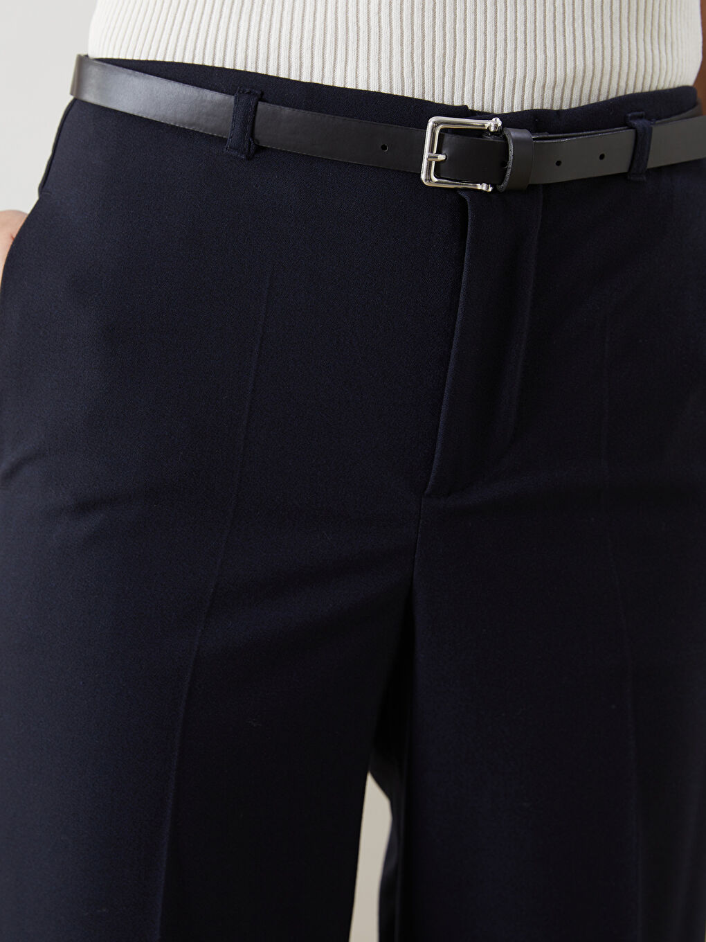 Lacivert Beli Kemerli Dar Fit Kadın Pantolon-2