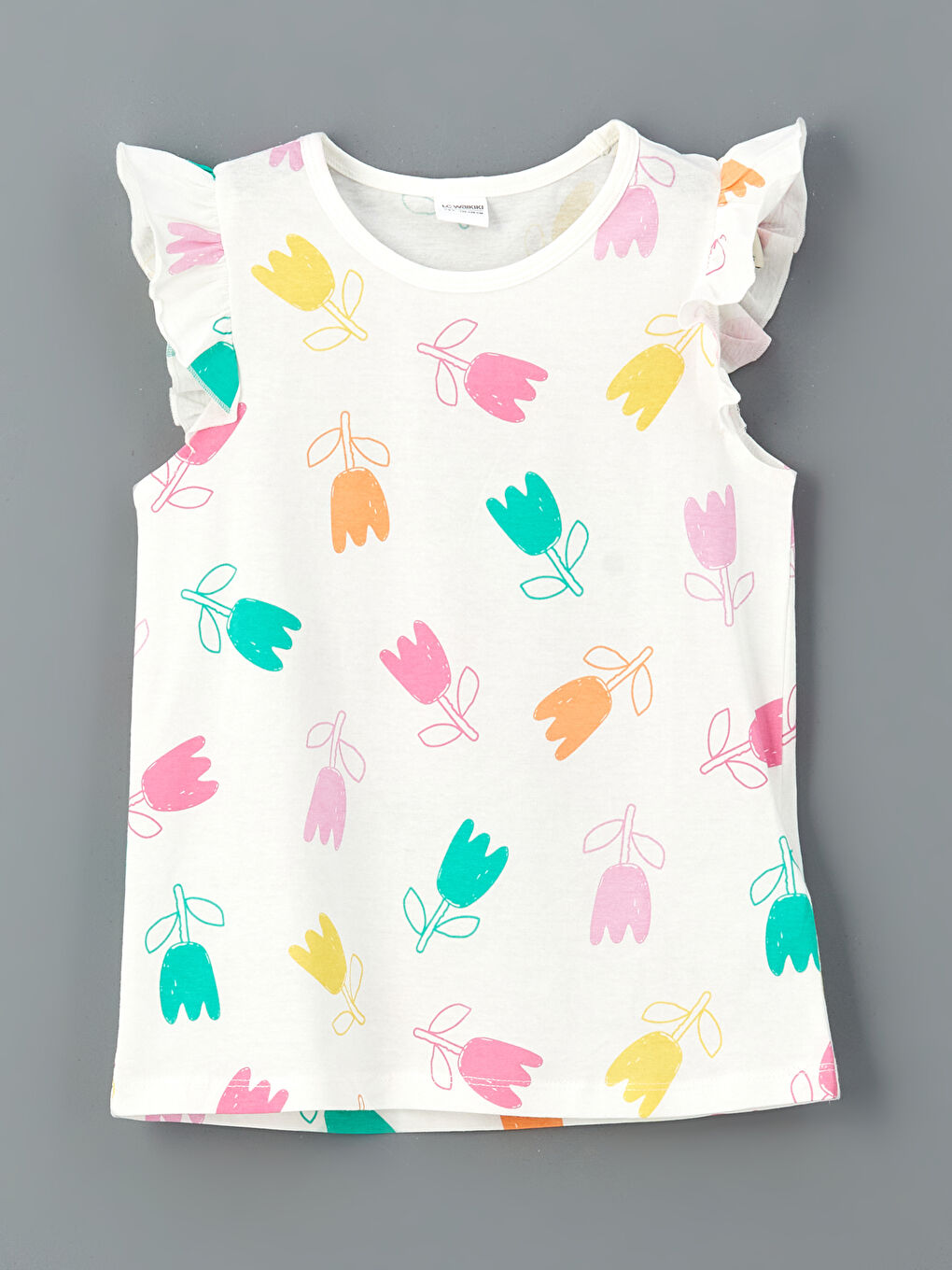 Ekru Bisiklet Yaka Çiçekli Kız Çocuk Pijama Üst