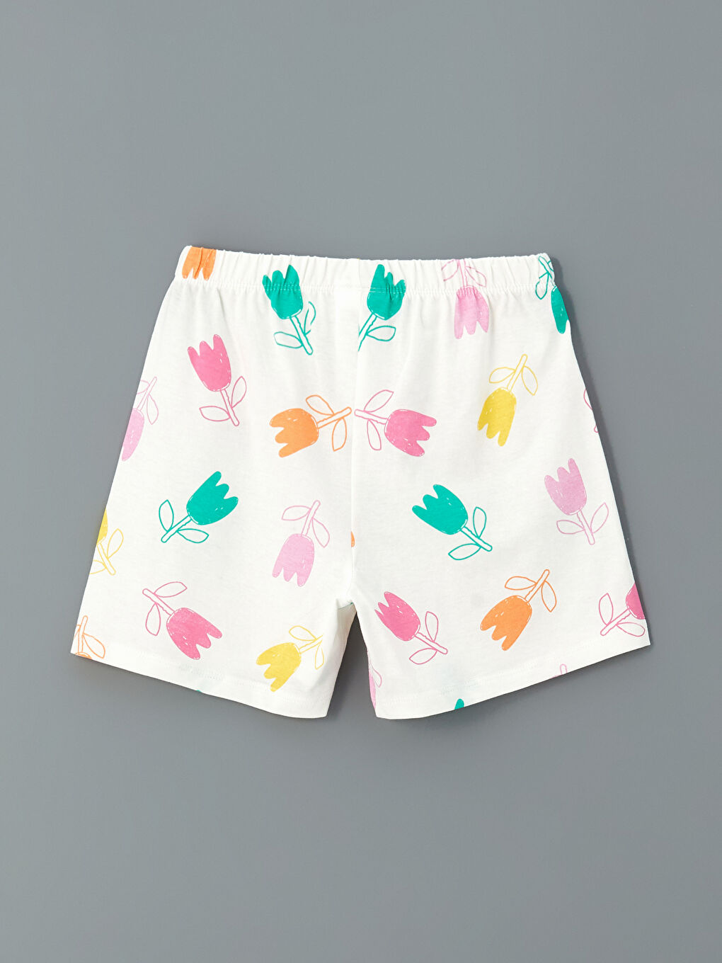 Ekru Beli Lastikli Çiçekli Kız Çocuk Pijama Şort-1