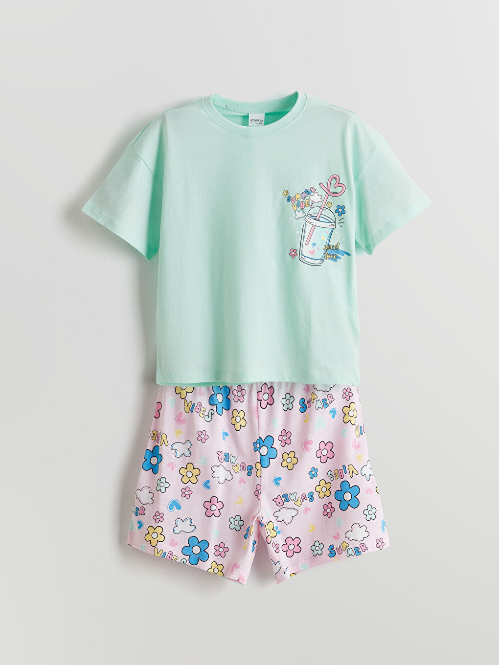 Crew Neck Floral Girl's Pajama Set with Shorts -S5HY39Z4-FQX