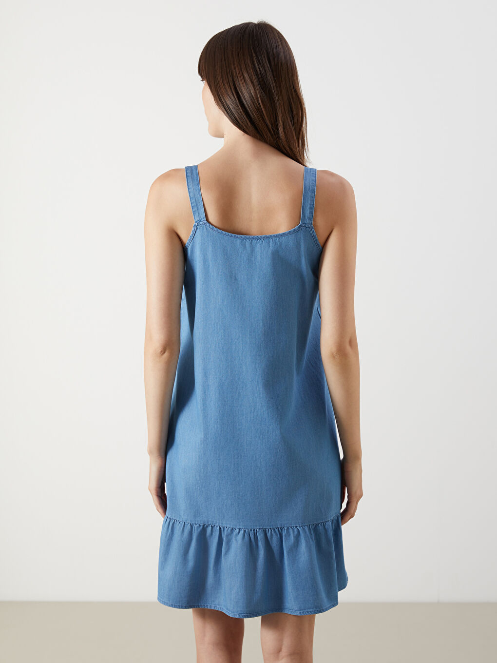 İndigo V Yaka Askılı Mini Jean Elbise-3