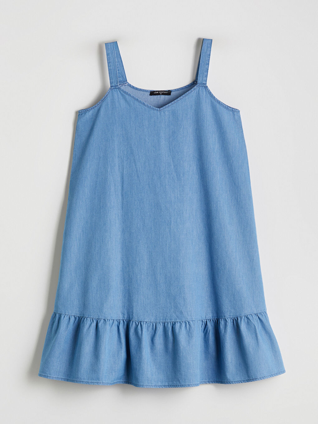 İndigo V Yaka Askılı Mini Jean Elbise-4