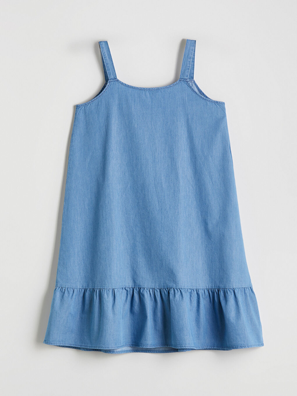 İndigo V Yaka Askılı Mini Jean Elbise-5