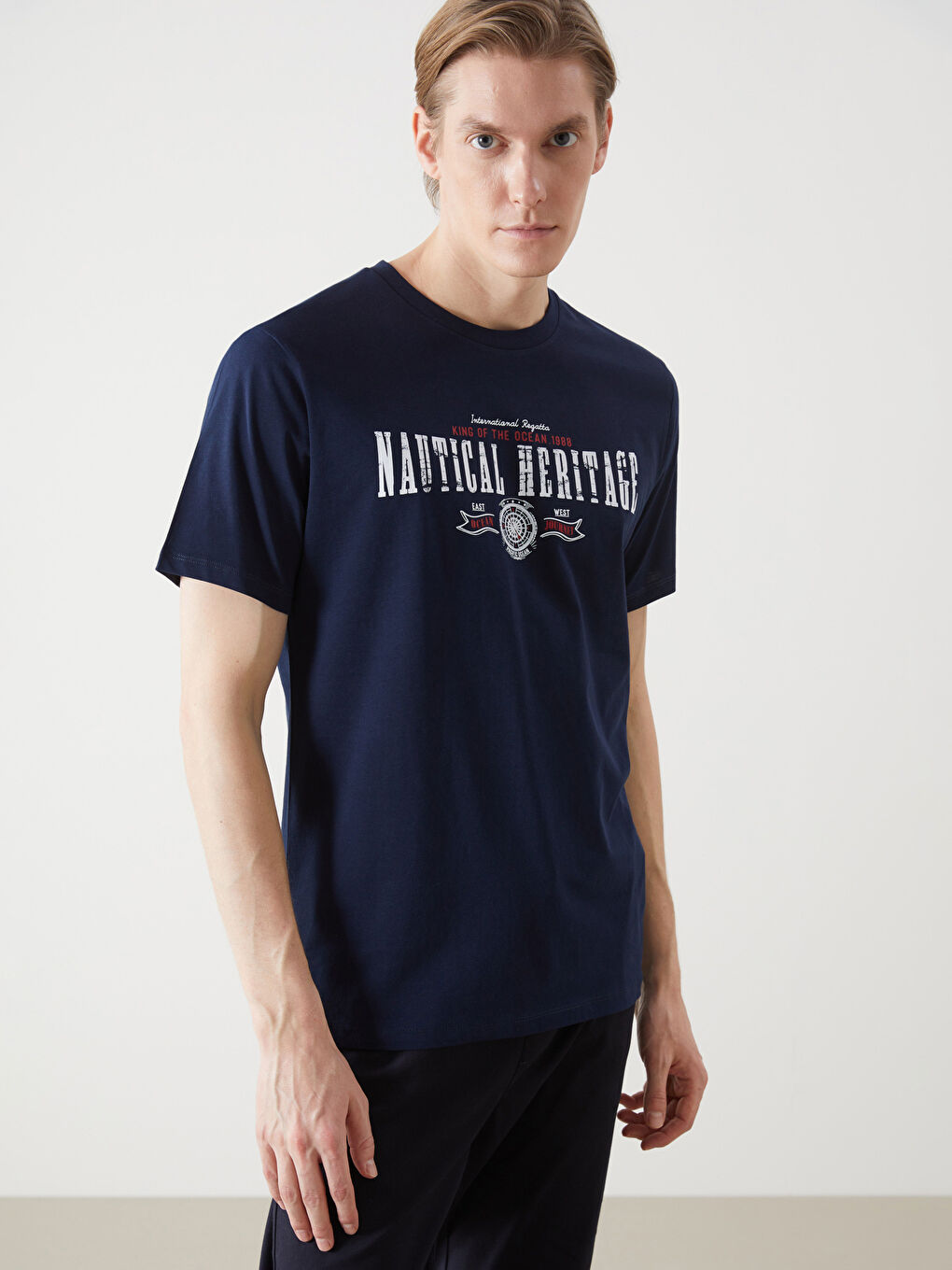 Lacivert Bisiklet Yaka Baskılı Penye Erkek Tişört