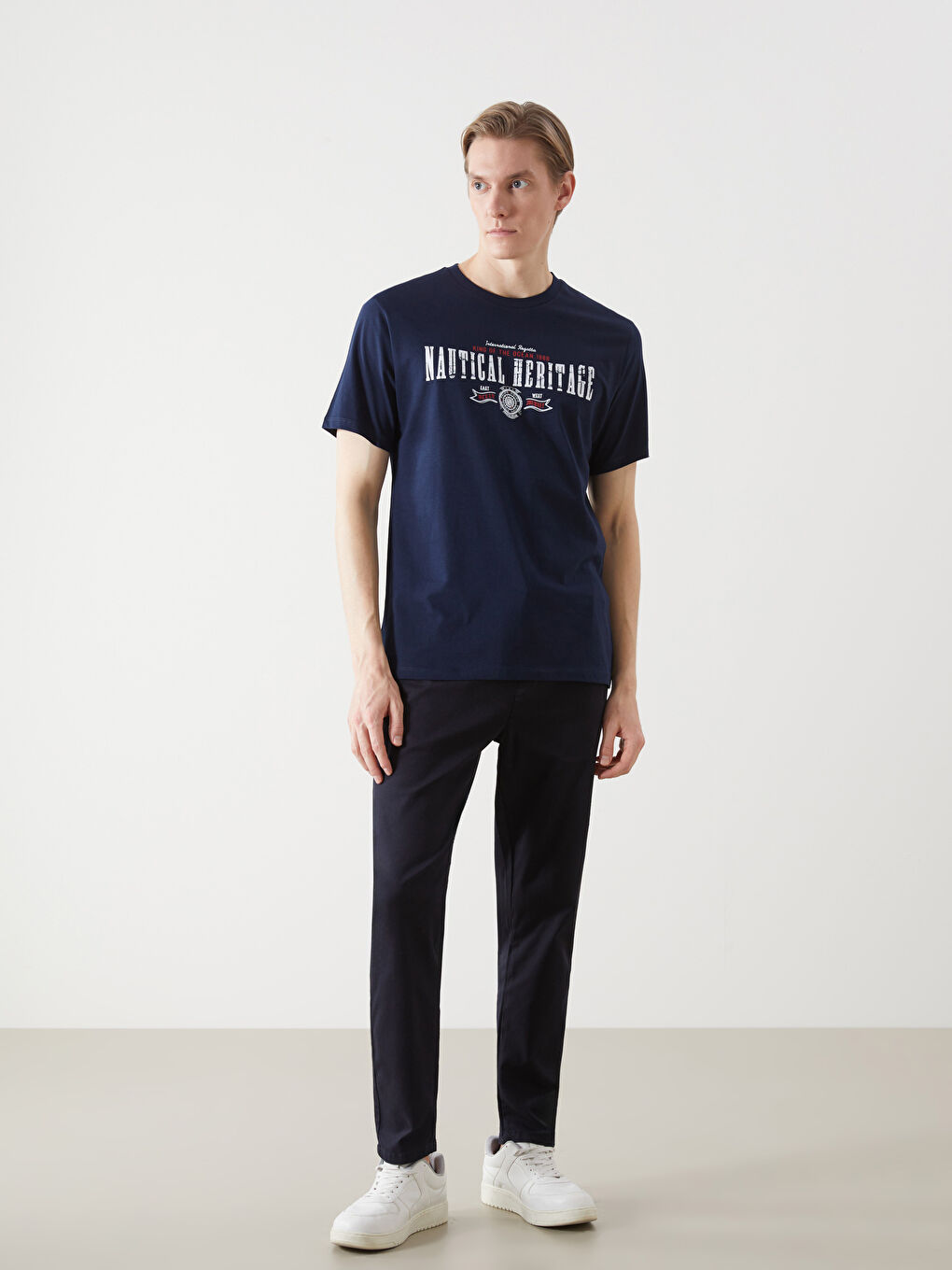 Lacivert Bisiklet Yaka Baskılı Penye Erkek Tişört-1