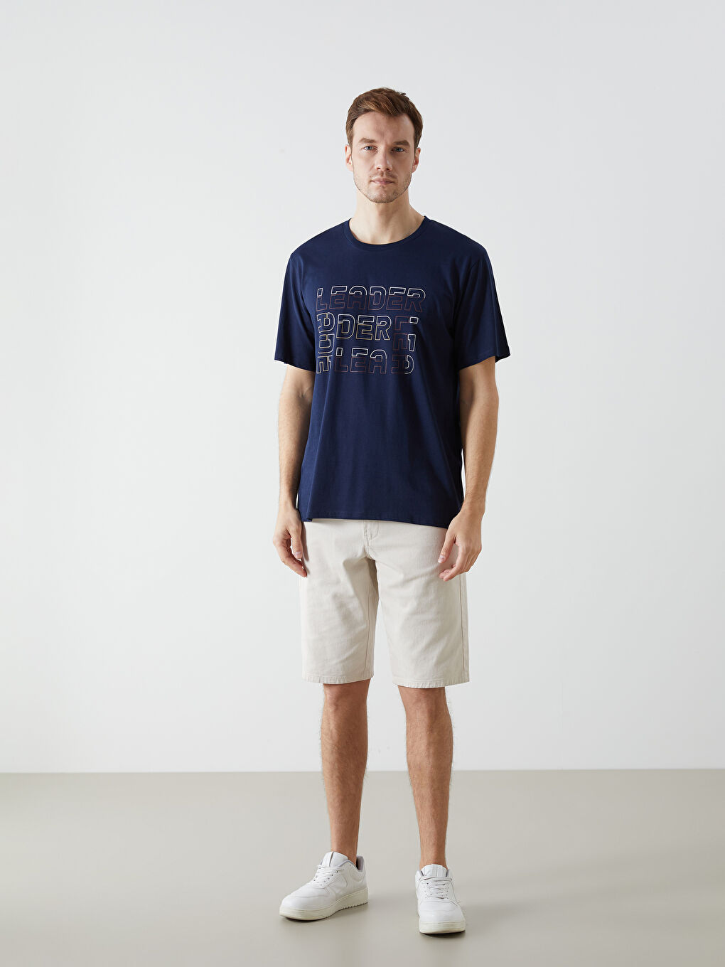 Lacivert Bisiklet Yaka Baskılı Erkek Tişört-1