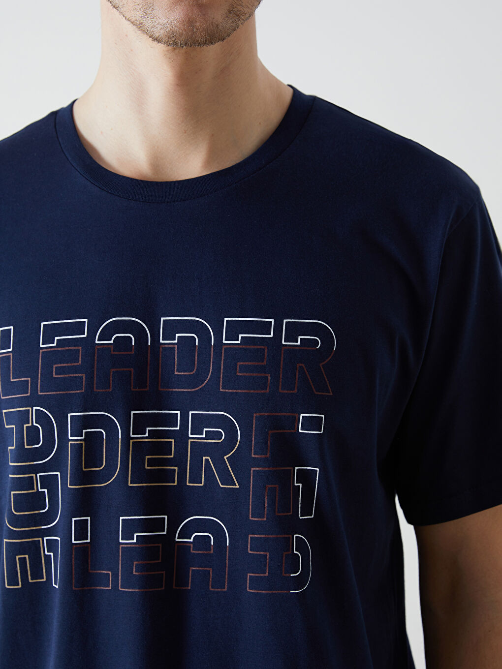 Lacivert Bisiklet Yaka Baskılı Erkek Tişört-2