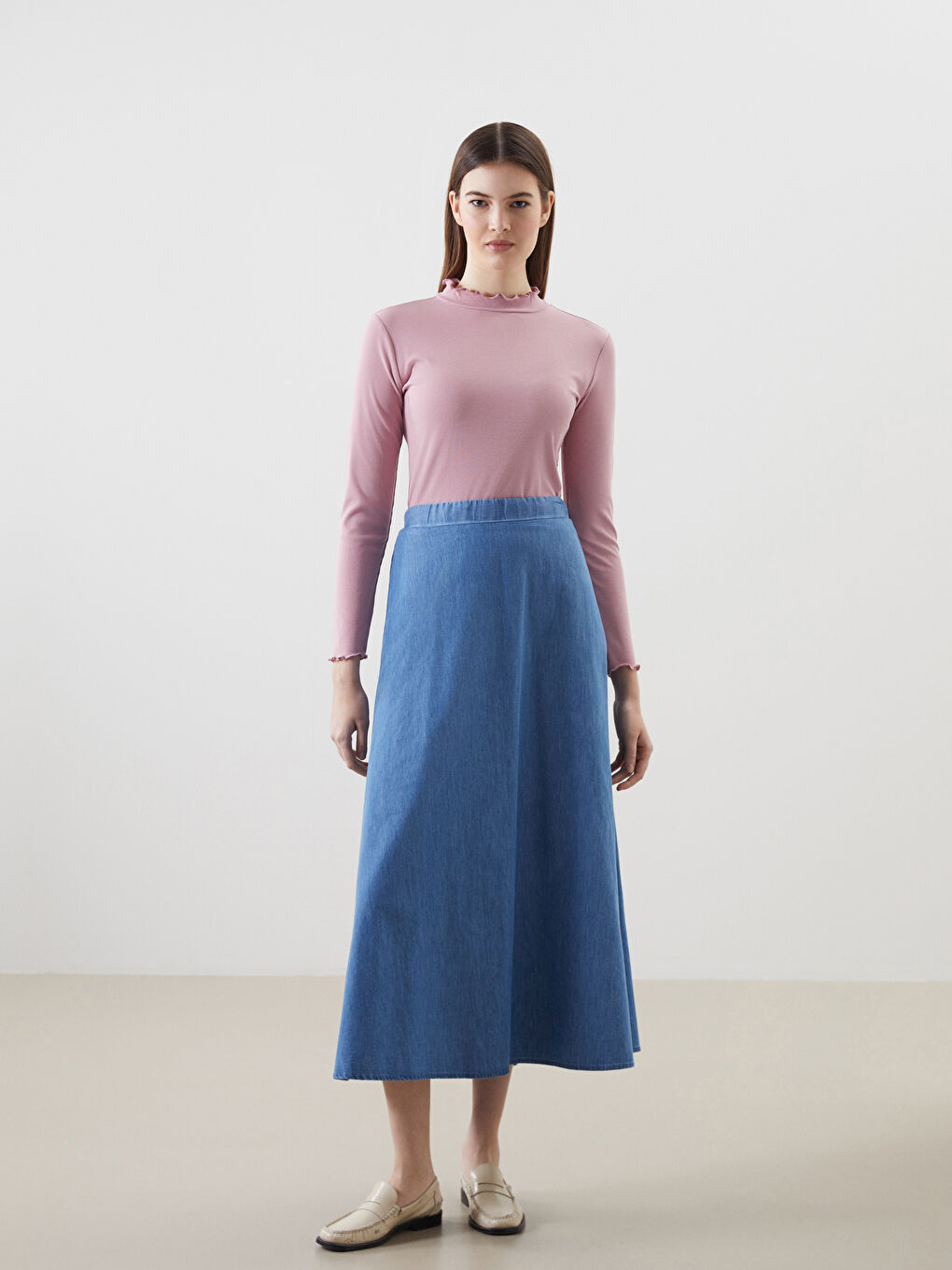 LCW Modest Indigo Beli Lastikli Kadın Jean Etek