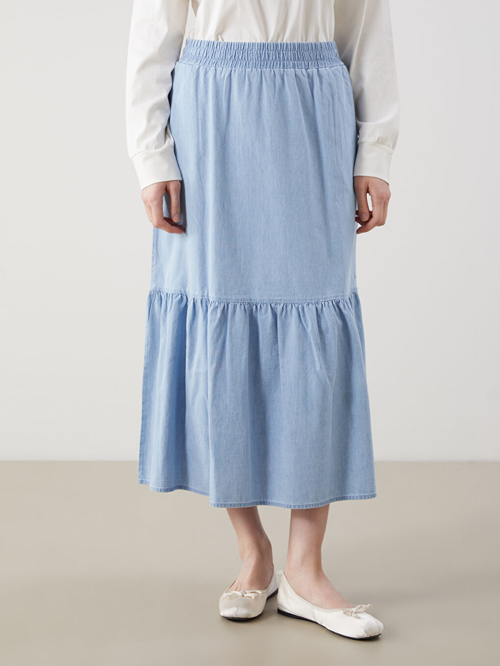 İndigo Beli Lastikli Kadın Jean Etek-1