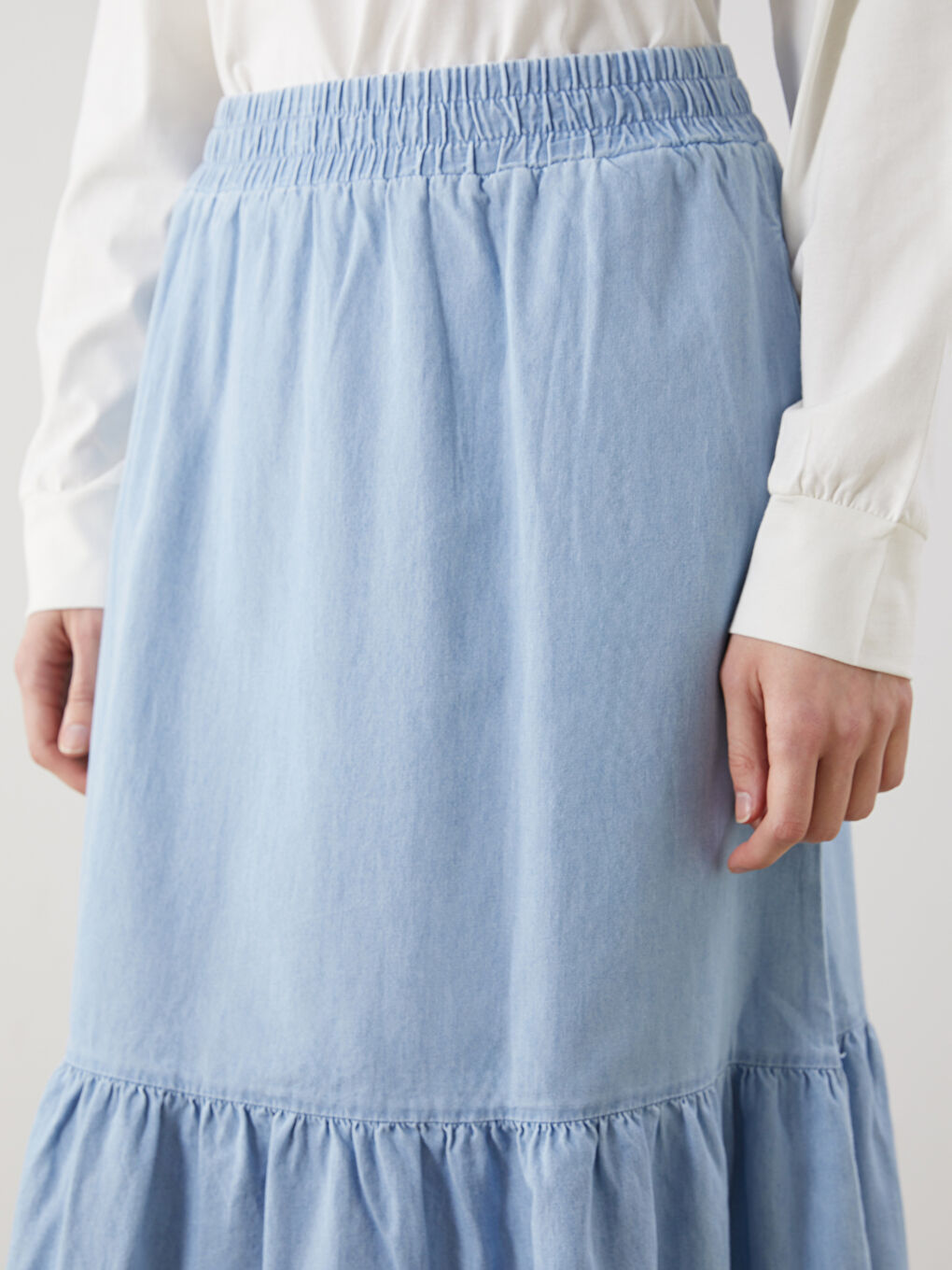 İndigo Beli Lastikli Kadın Jean Etek-2