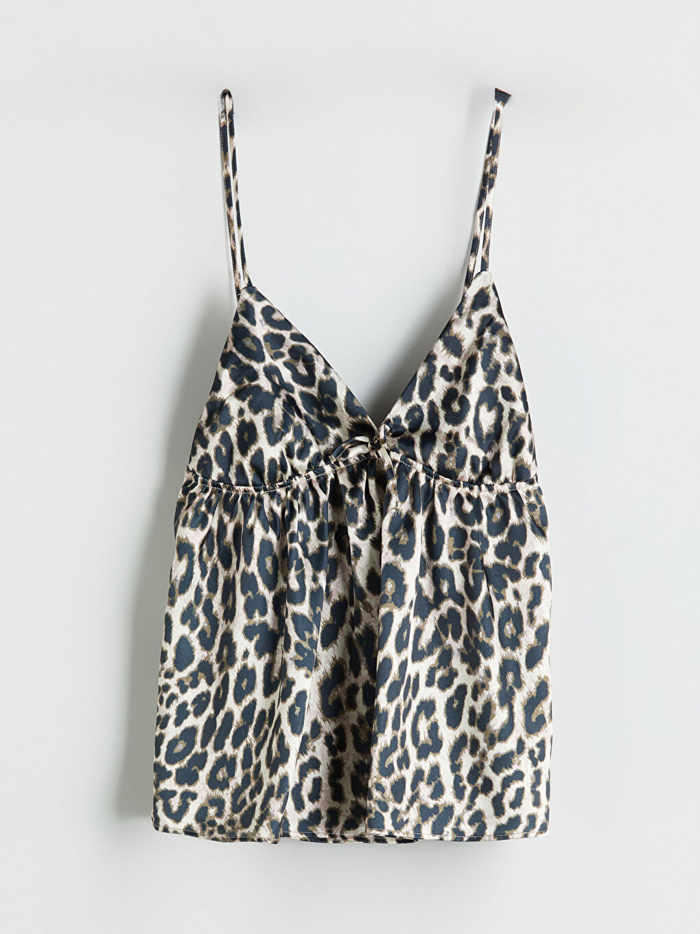 Kahverengi Leopar Desenli İp Askılı Saten Kadın Pijama Üst