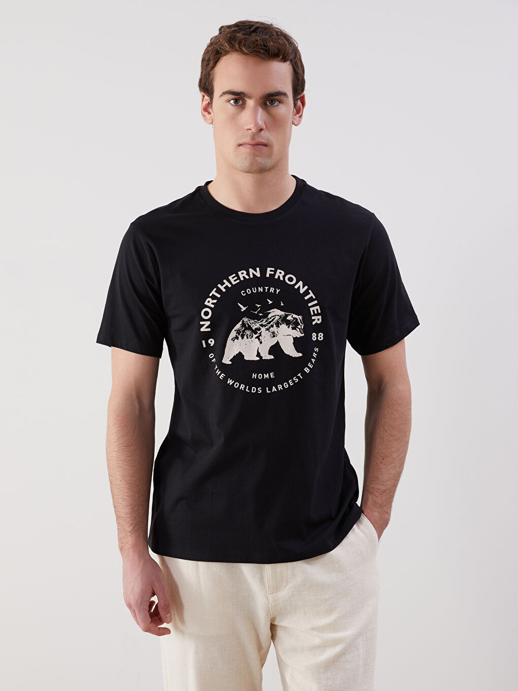 Siyah Bisiklet Yaka Baskılı Penye Erkek Tişört