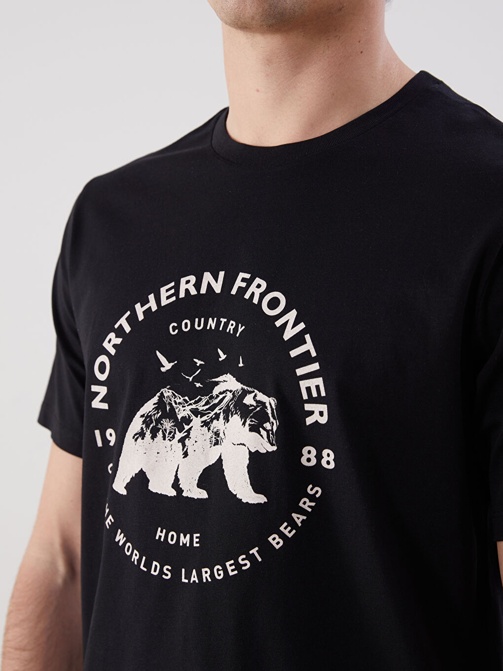 Siyah Bisiklet Yaka Baskılı Penye Erkek Tişört-2