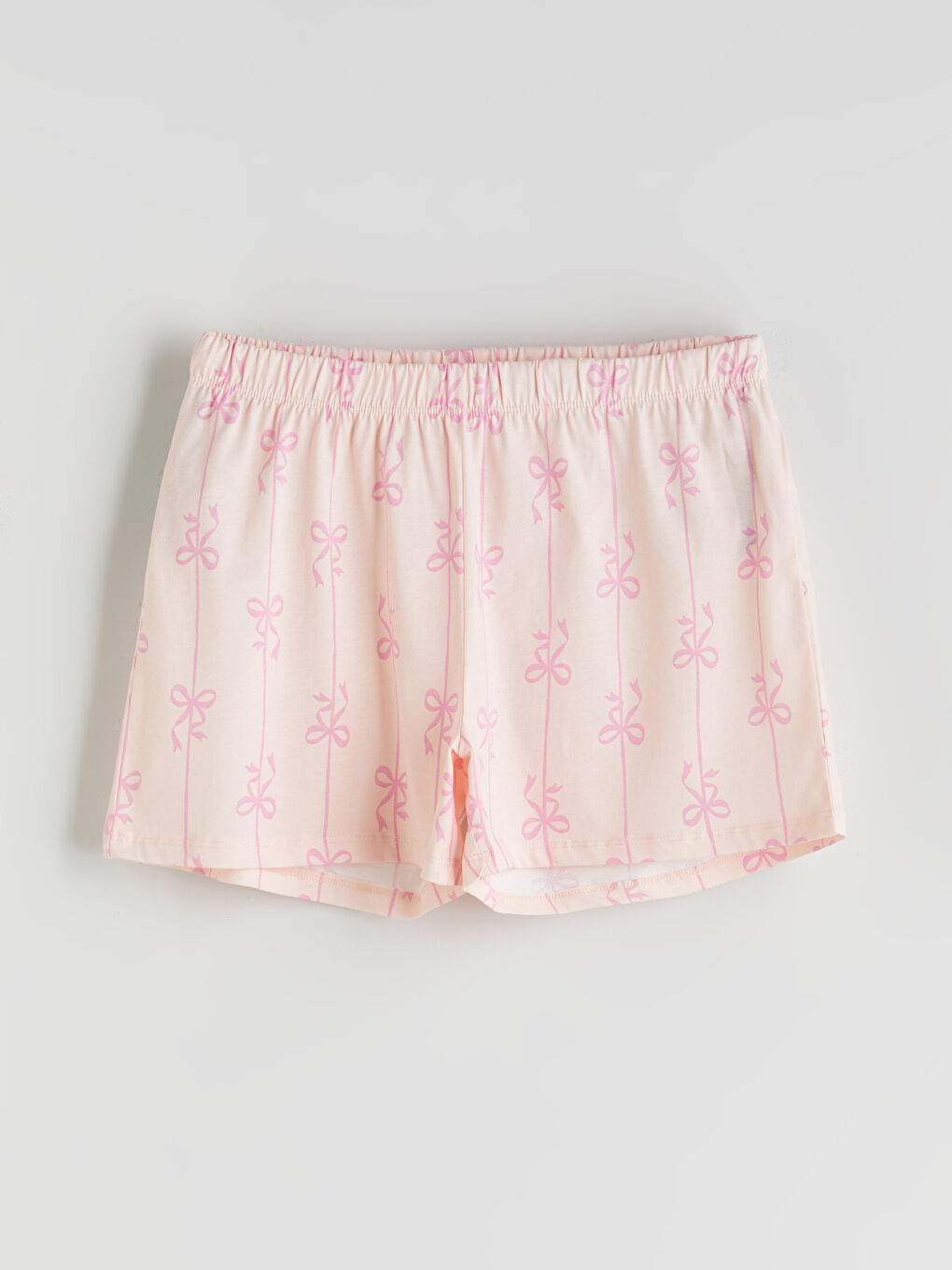 Pembe Beli Lastikli Fiyonk Desenli Kadın Şort Pijama Alt-4