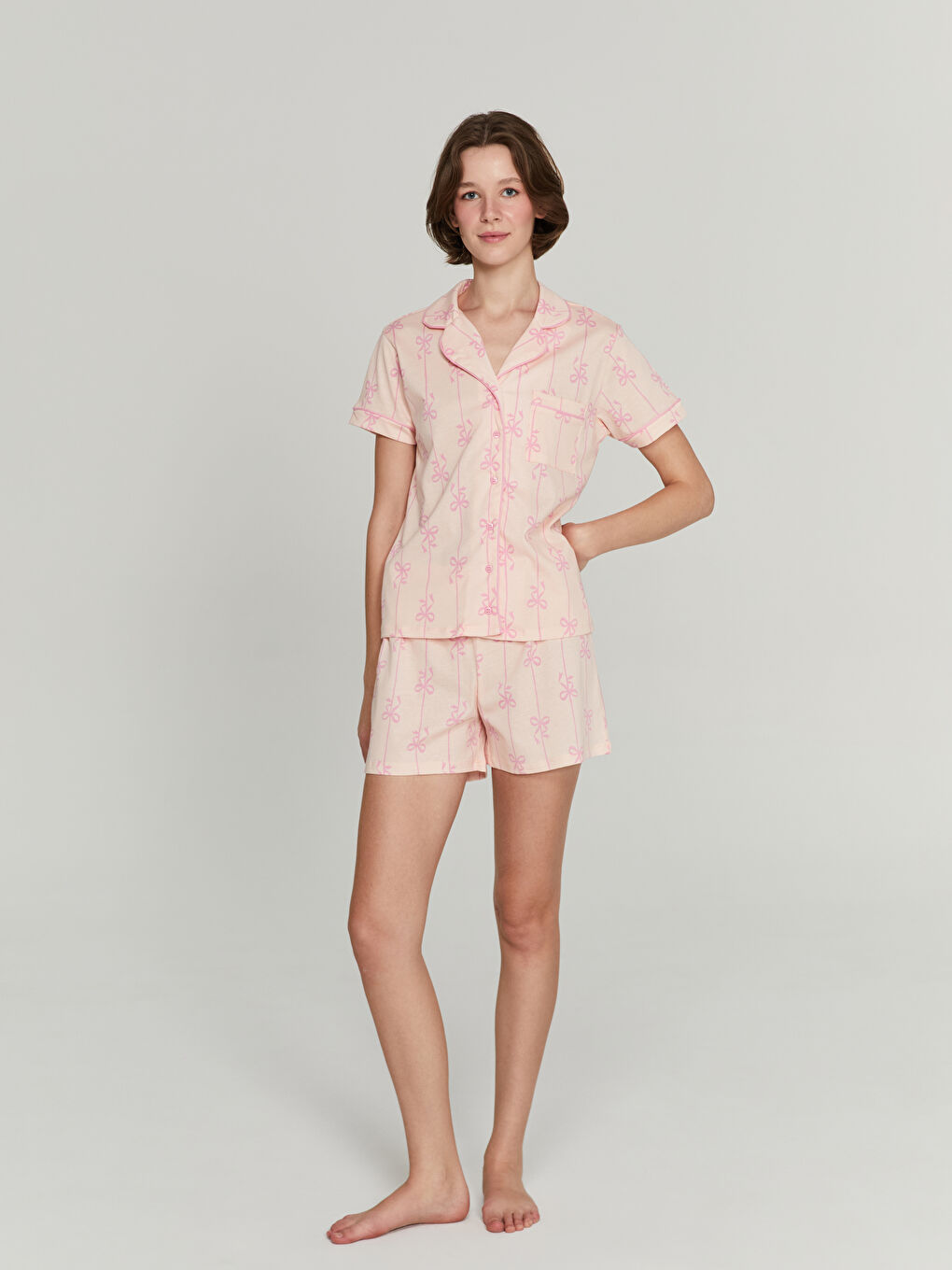 Collared Neck Printed Women's Shortie Pyjama Set -S5I102Z8-LT4