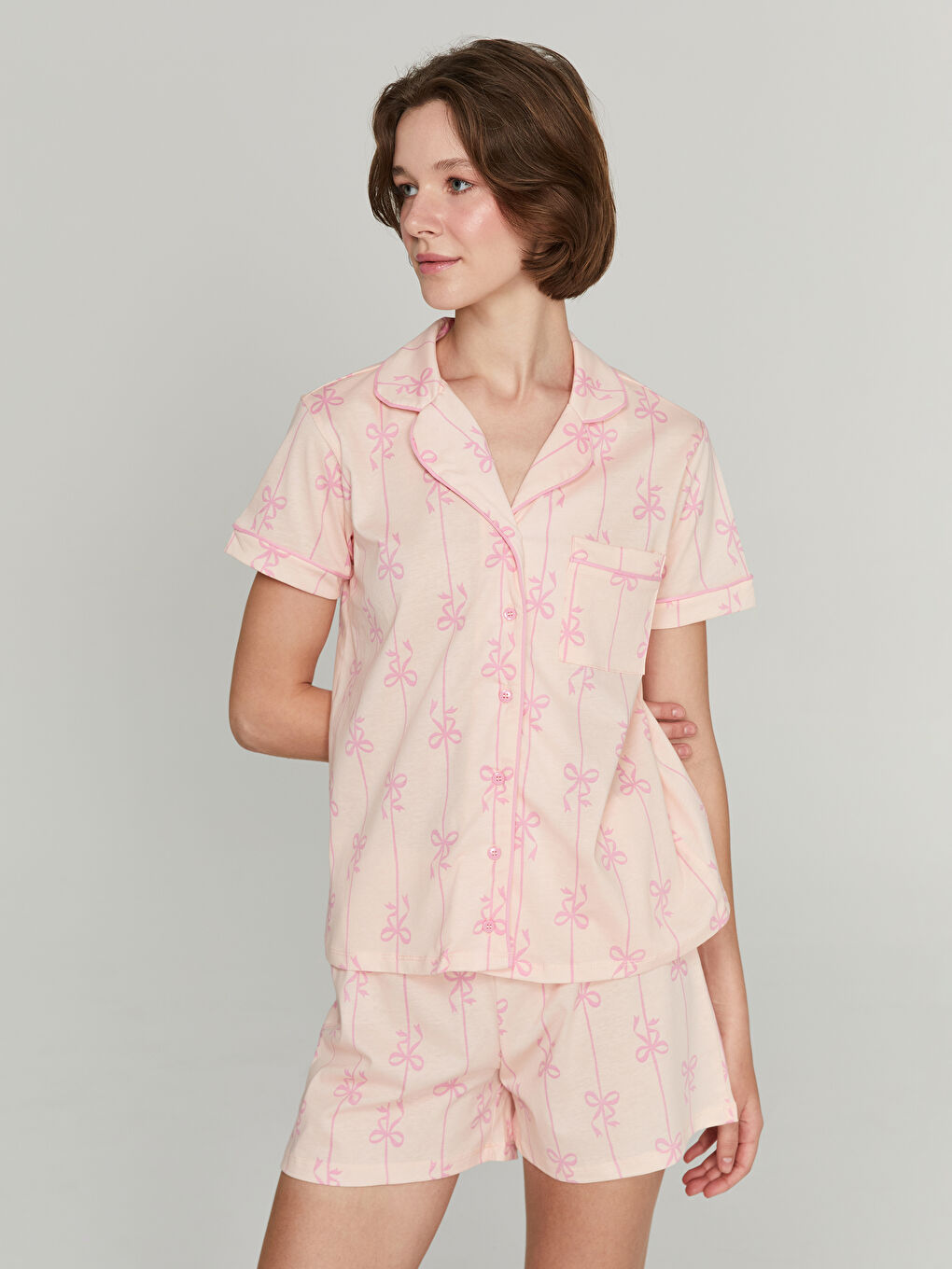 Collared Neck Printed Women's Shortie Pyjama Set -S5I102Z8-LT4