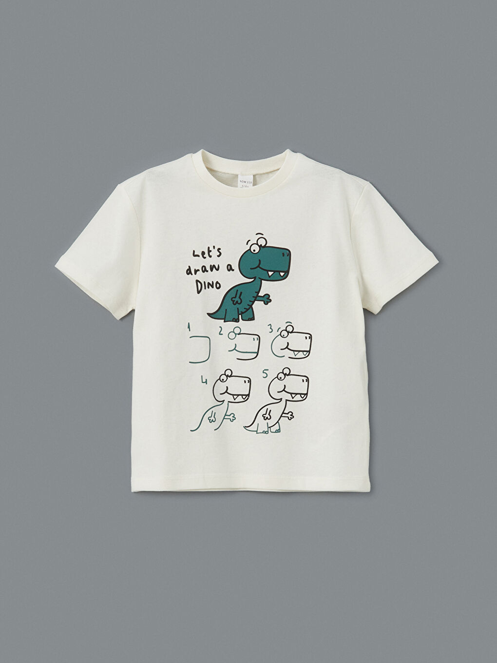 Ekru Bisiklet Yaka Dinozor Baskılı Erkek Çocuk Tişörtü