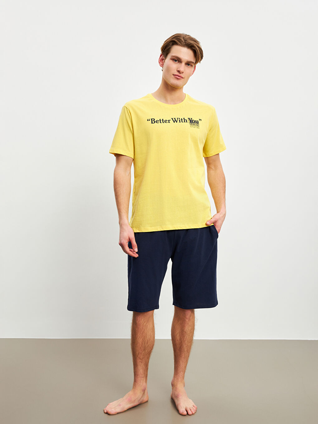 Sarı Standart Kalıp Erkek Şortlu Pijama Takımı