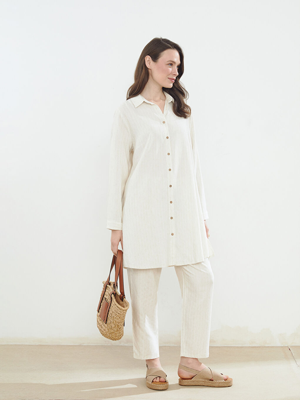 LCW Grace Striped Linen Blend Women's Shirt Tunic -S5I253Z8-LE8
