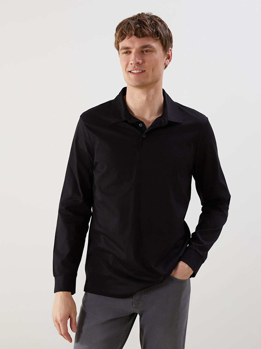 Siyah Polo Yaka Uzun Kollu Erkek Sweatshirt