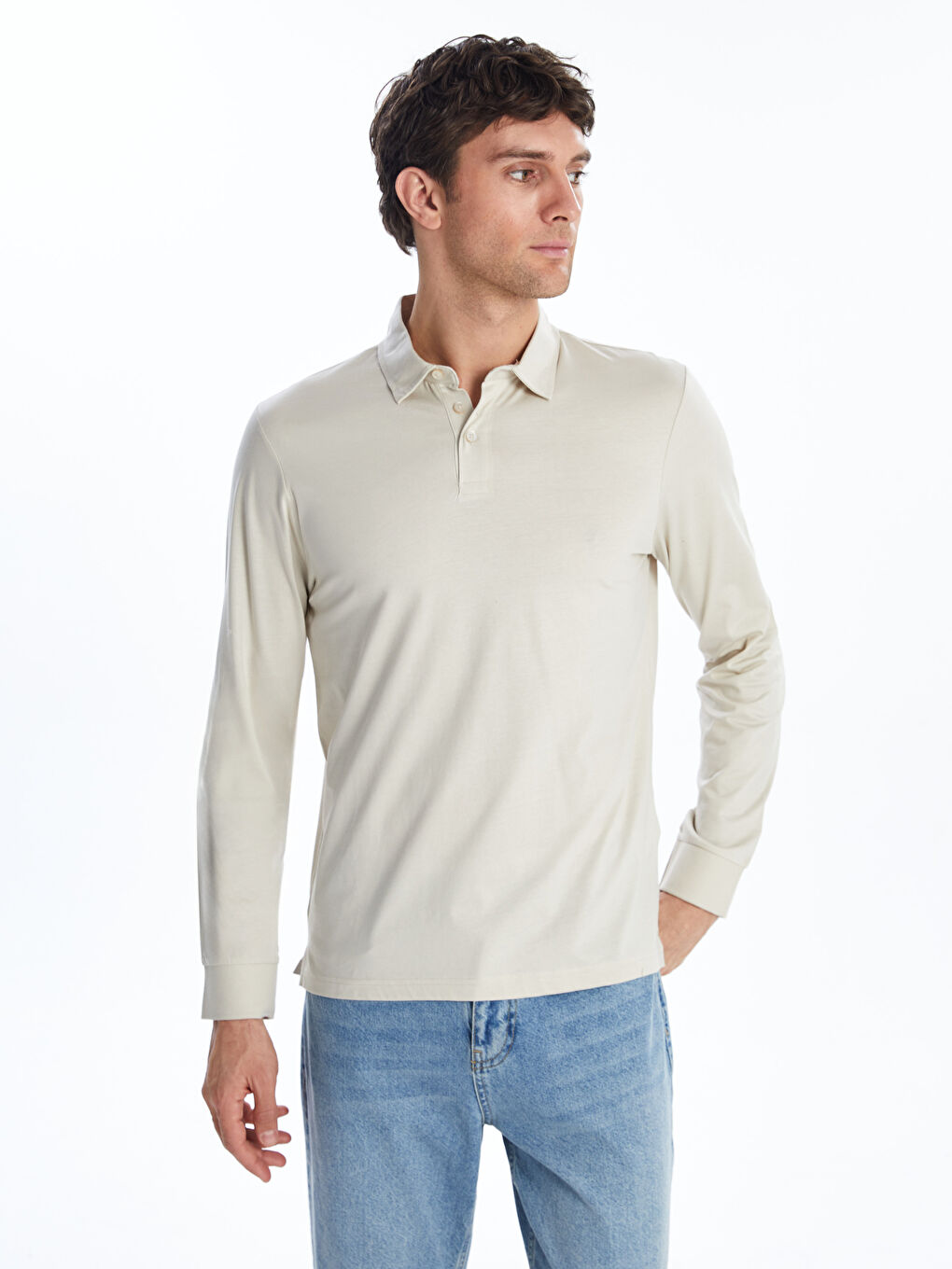 Bej Polo Yaka Uzun Kollu Erkek Sweatshirt