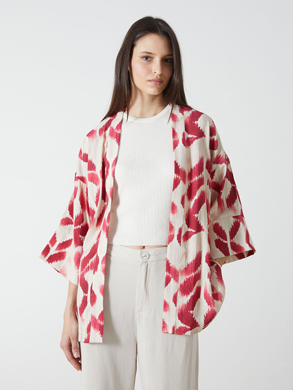 LCW Vision Kirmizi Şal Yaka Desenli Oversize Kadın Kimono