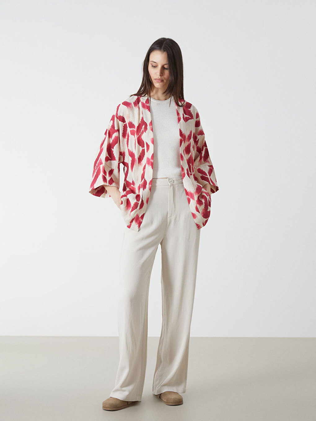 LCW Vision Kirmizi Şal Yaka Desenli Oversize Kadın Kimono - 1