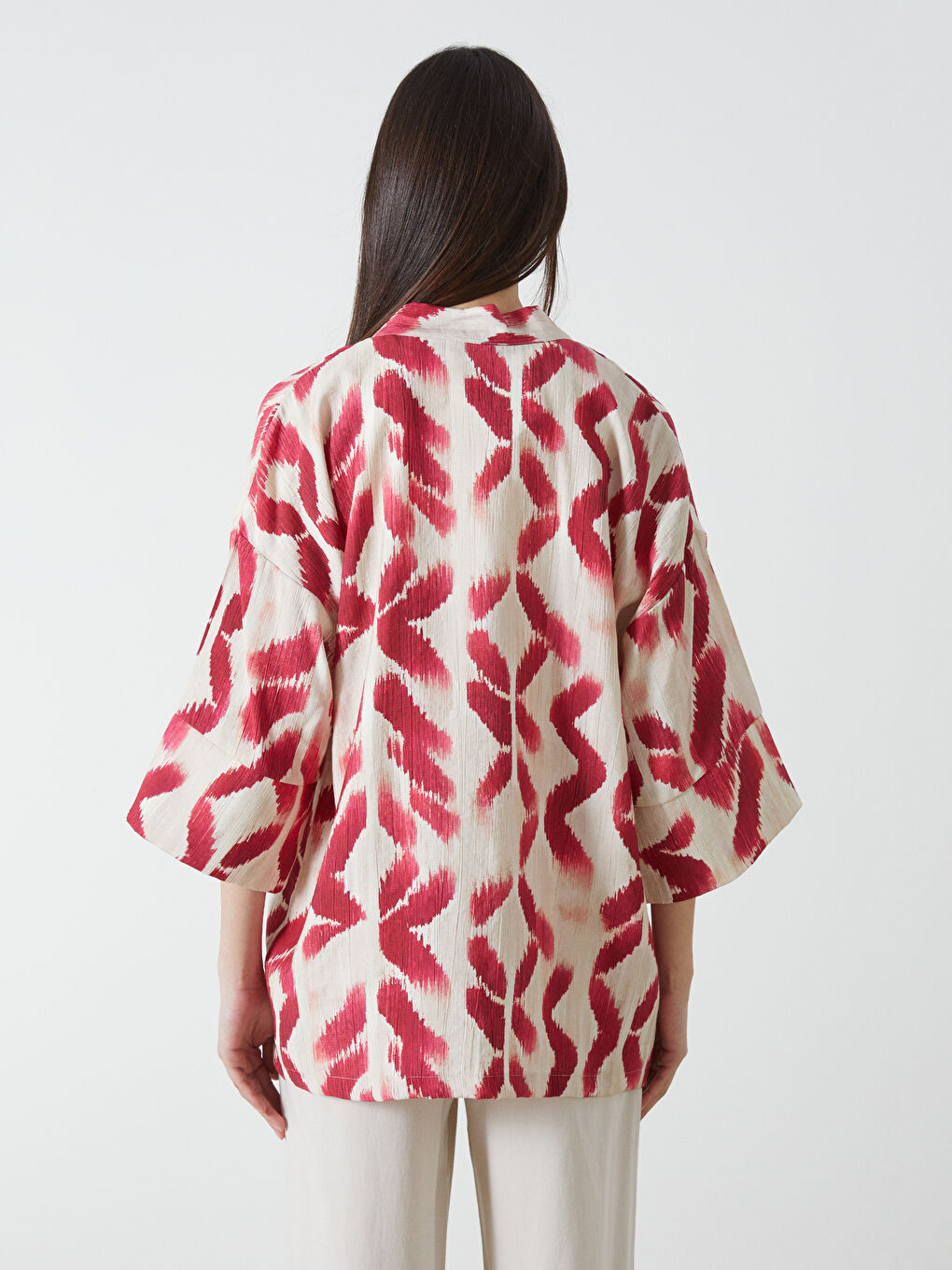 LCW Vision Kirmizi Şal Yaka Desenli Oversize Kadın Kimono - 3