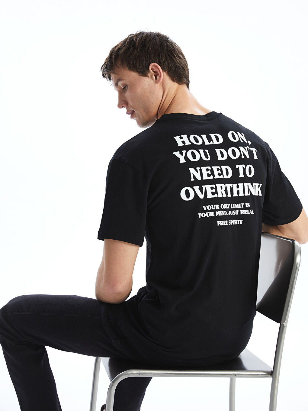 Siyah Bisiklet Yaka Kısa Kollu Baskılı Penye Erkek Tişört