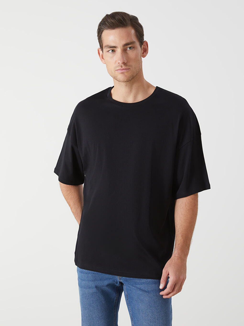 Siyah Bisiklet Yaka Penye Erkek Tişört