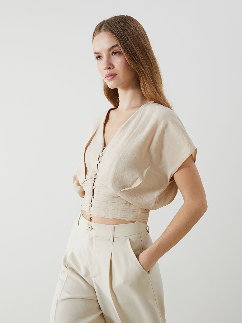 LCW Vision V Neck Crop Women's Blouse -S5I317Z8-DRR