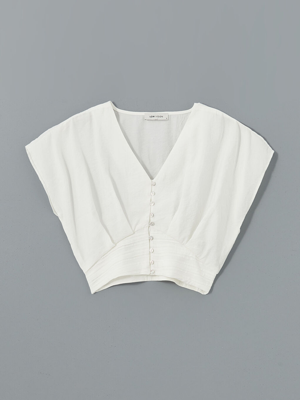 Ekru V Yaka Crop Kadın Bluz-4