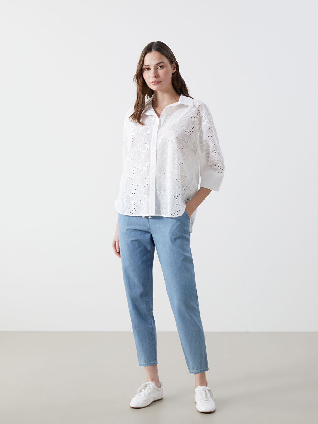 LCW Vision Ekru Ajurlu Oversize Kadın Gömlek - 1