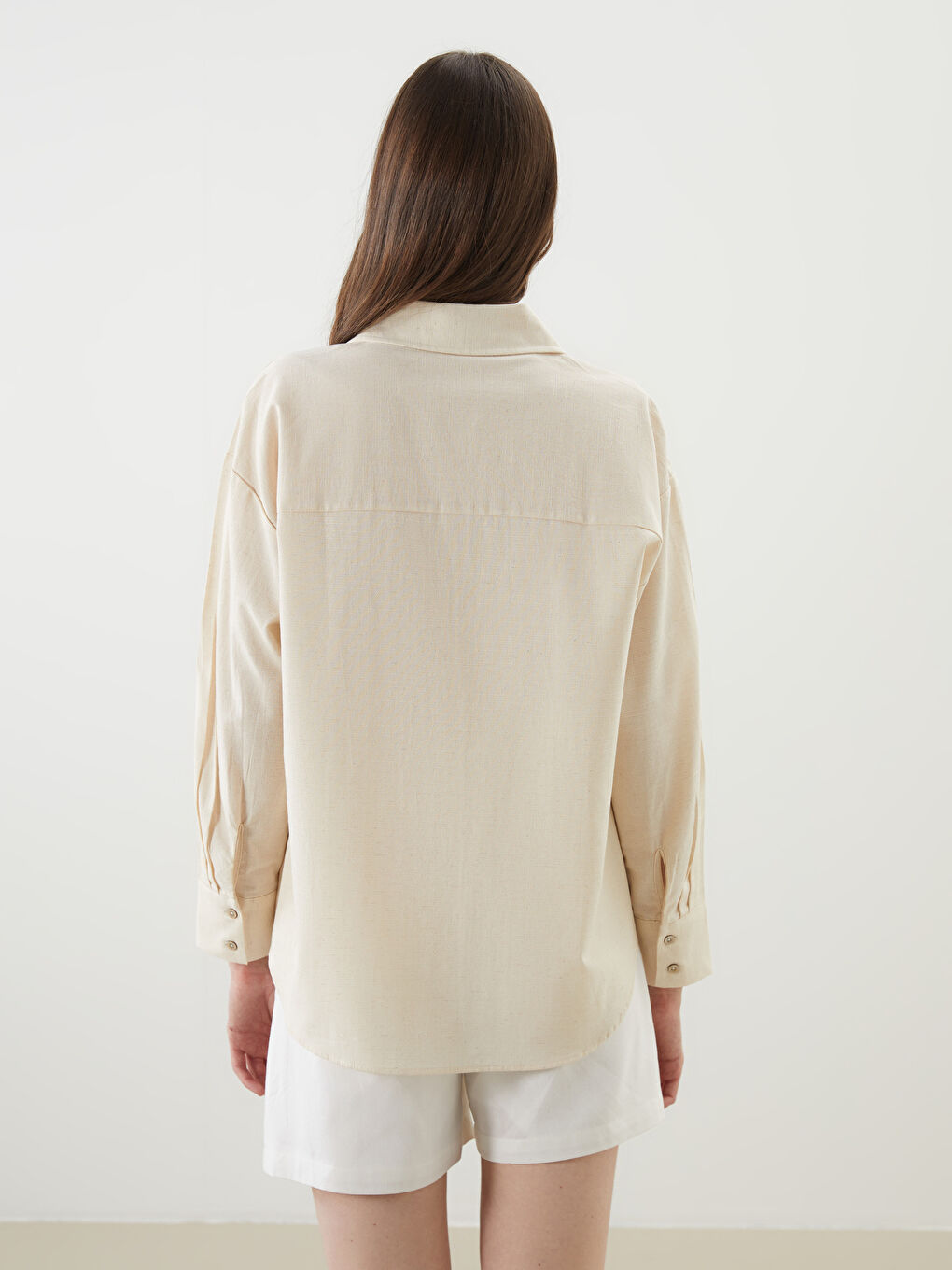 LCW Vision Bej Oversize Keten Karışımlı Kadın Gömlek - 3