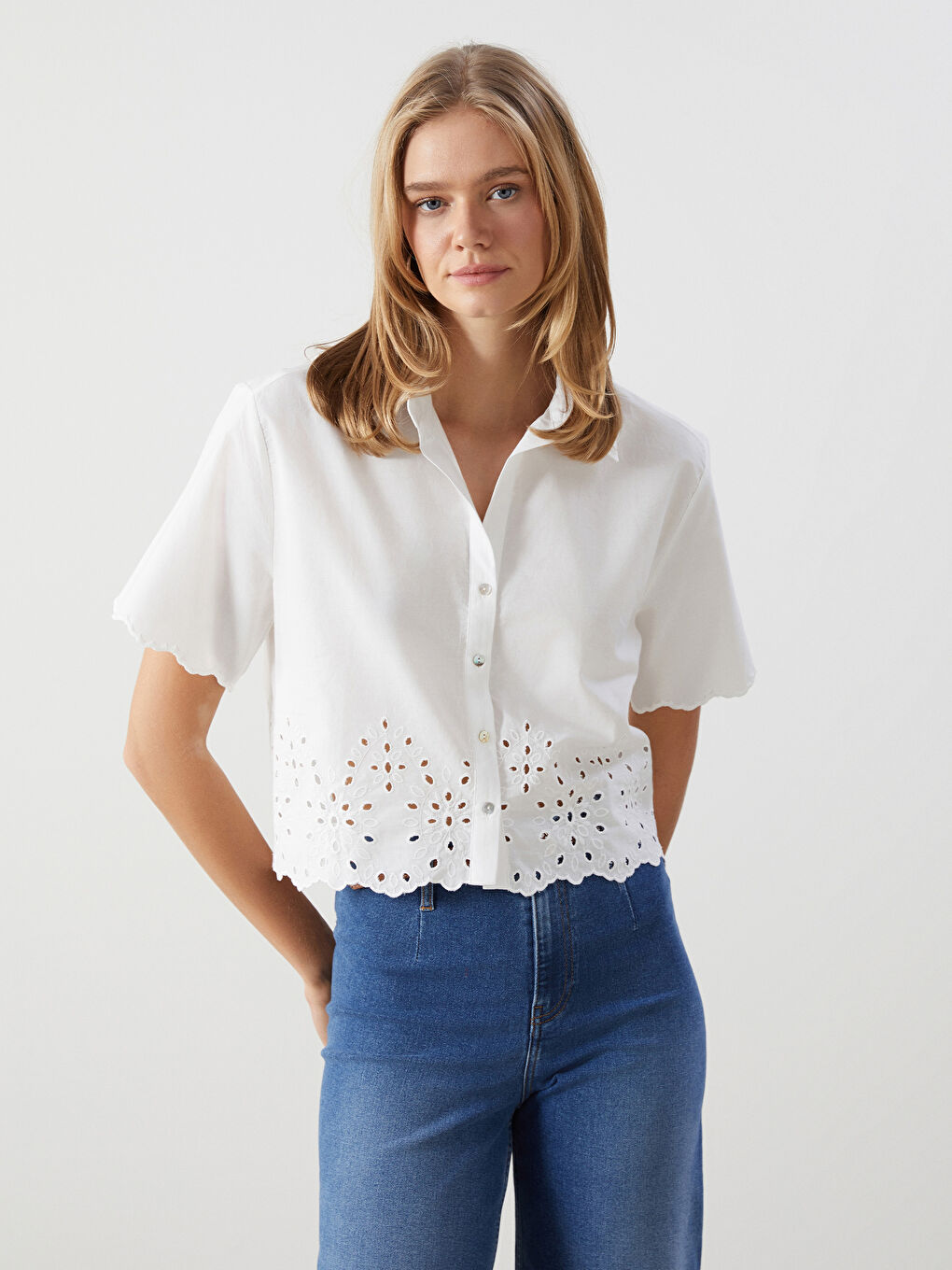 Ekru Ajurlu Poplin Kadın Gömlek