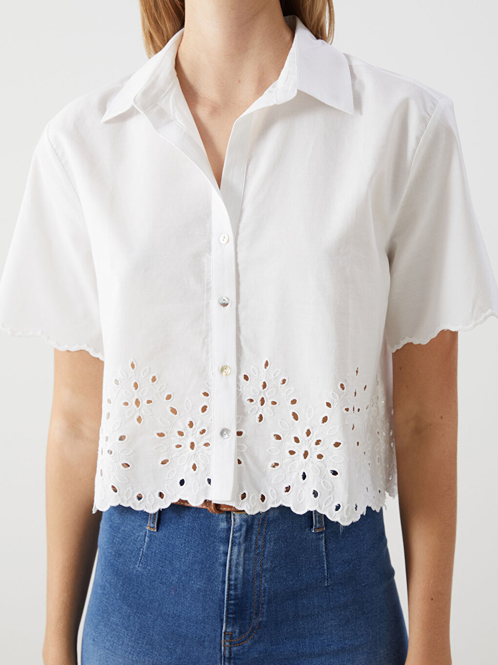 Ekru Ajurlu Poplin Kadın Gömlek-2