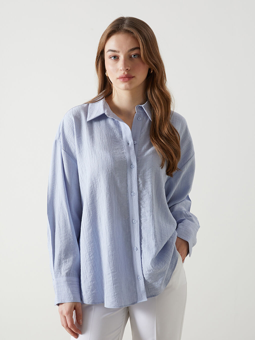 LCW Vision Yeşil Dokulu Oversize Kadın Gömlek