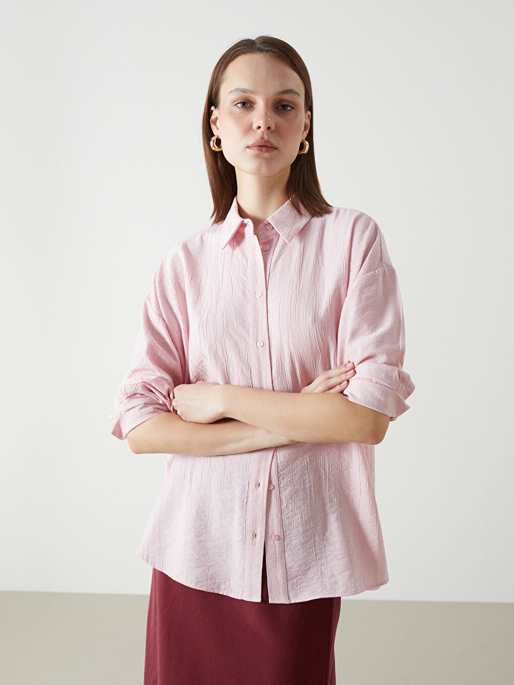 LCW Vision Pembe Dokulu Oversize Kadın Gömlek