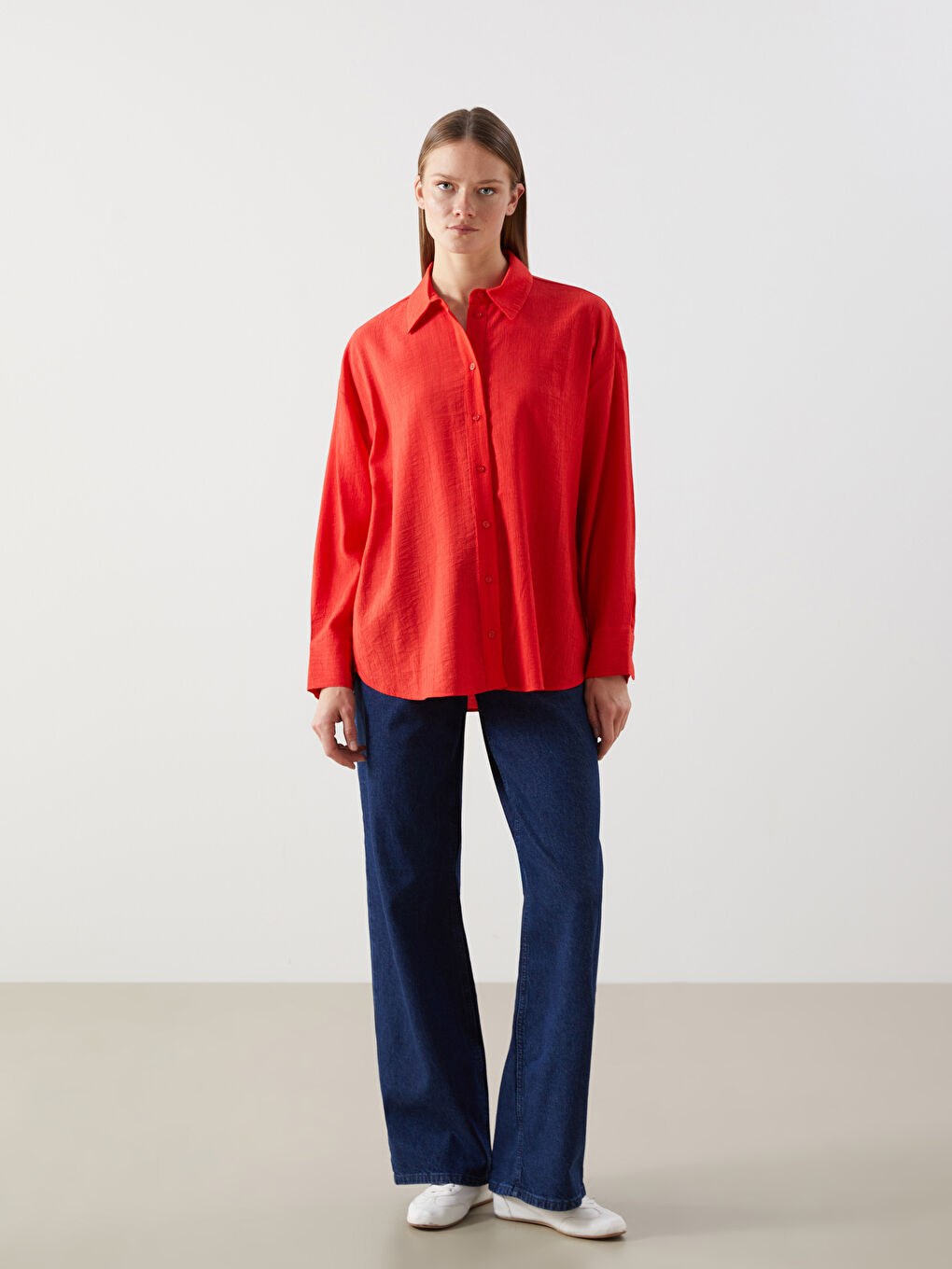 Kırmızı Dokulu Oversize Kadın Gömlek-1