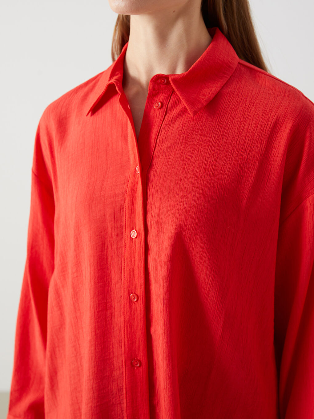 Kırmızı Dokulu Oversize Kadın Gömlek-2