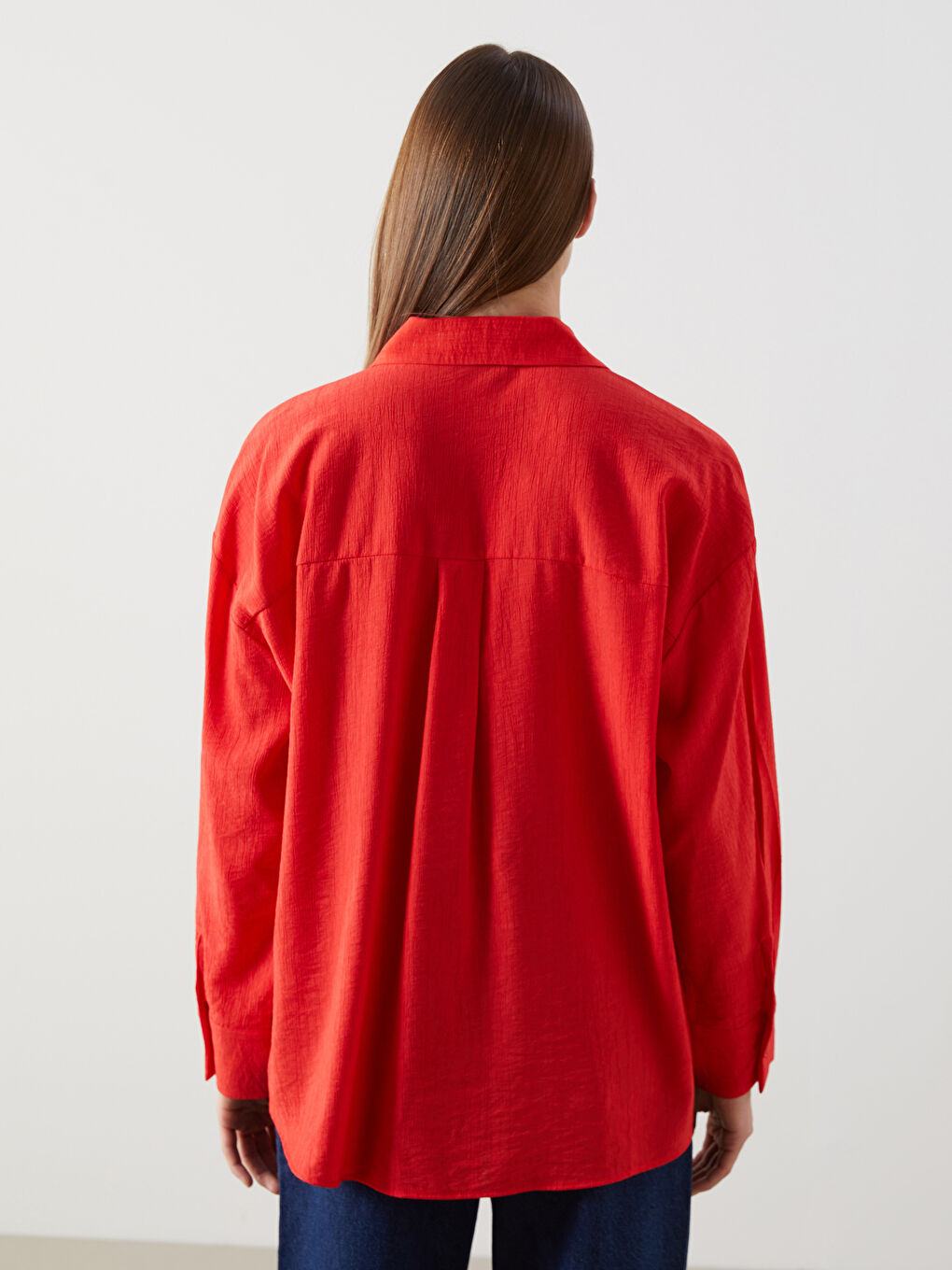 Kırmızı Dokulu Oversize Kadın Gömlek-3