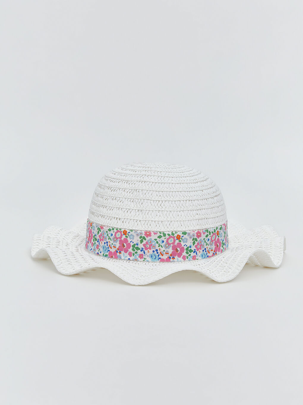 Beyaz Çiçek Desenli Kız Çocuk Hasır Şapka