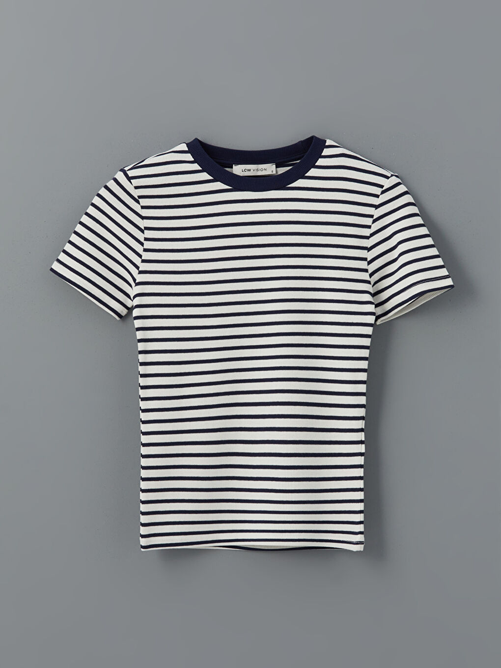 Lacivert Bisiklet Yaka Çizgili Kadın Tişört-4