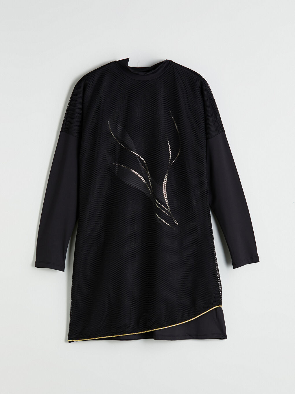 Siyah Bisiklet Yaka Baskılı Kadın Tesettür Mayo